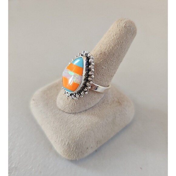 Aurora Fire Opal Stripe Inlay Blue Orange Teardrop Ring Size 11 925 Sterling - Picture 7 of 10